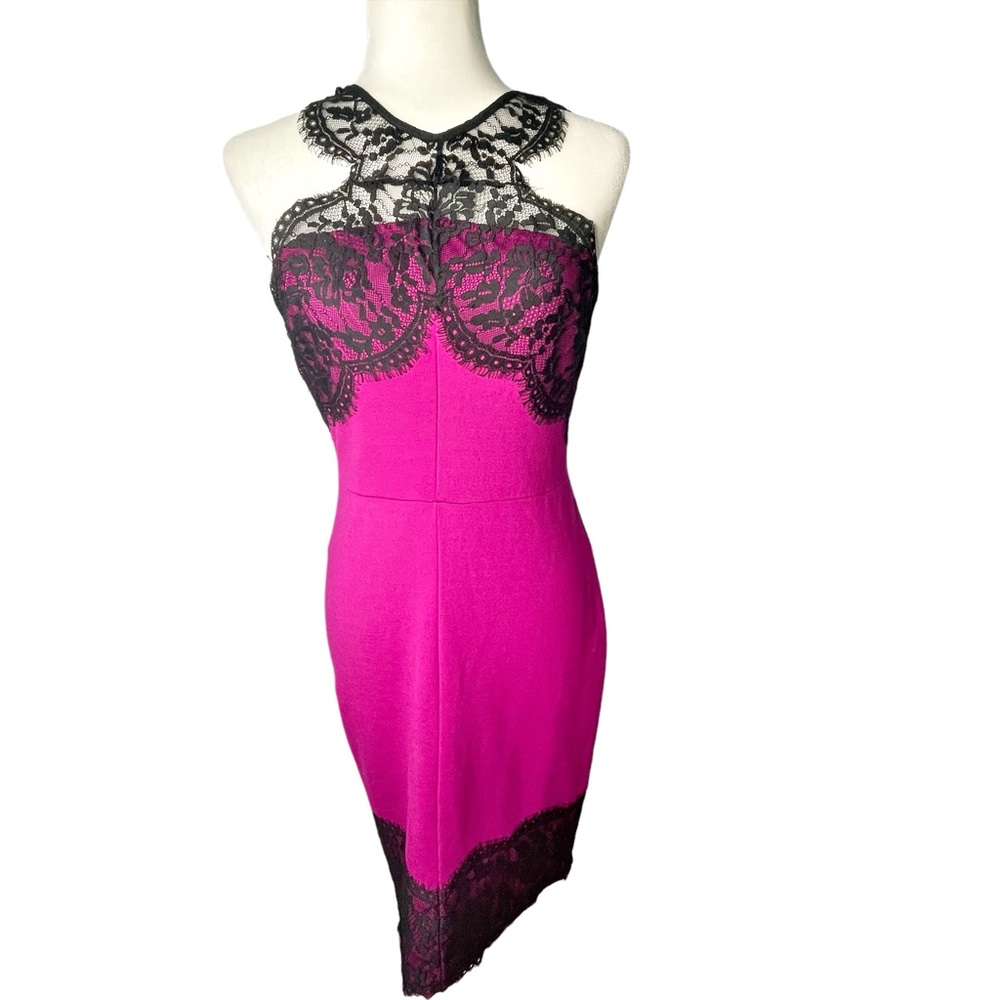Guess hot pink mini dress black lace mesh overlay halter Medium
